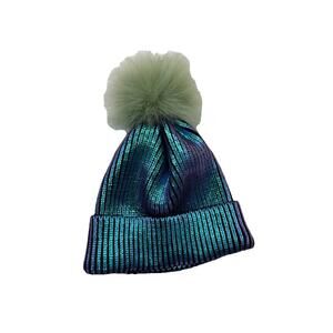 Adrienne Landau Blue Metallic Beanie Hat with Green Pom